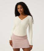 V Neck Long Sleeve Casual Jumper — White — view 1