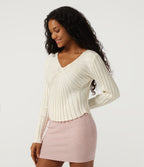 V Neck Long Sleeve Casual Jumper — White — view 3
