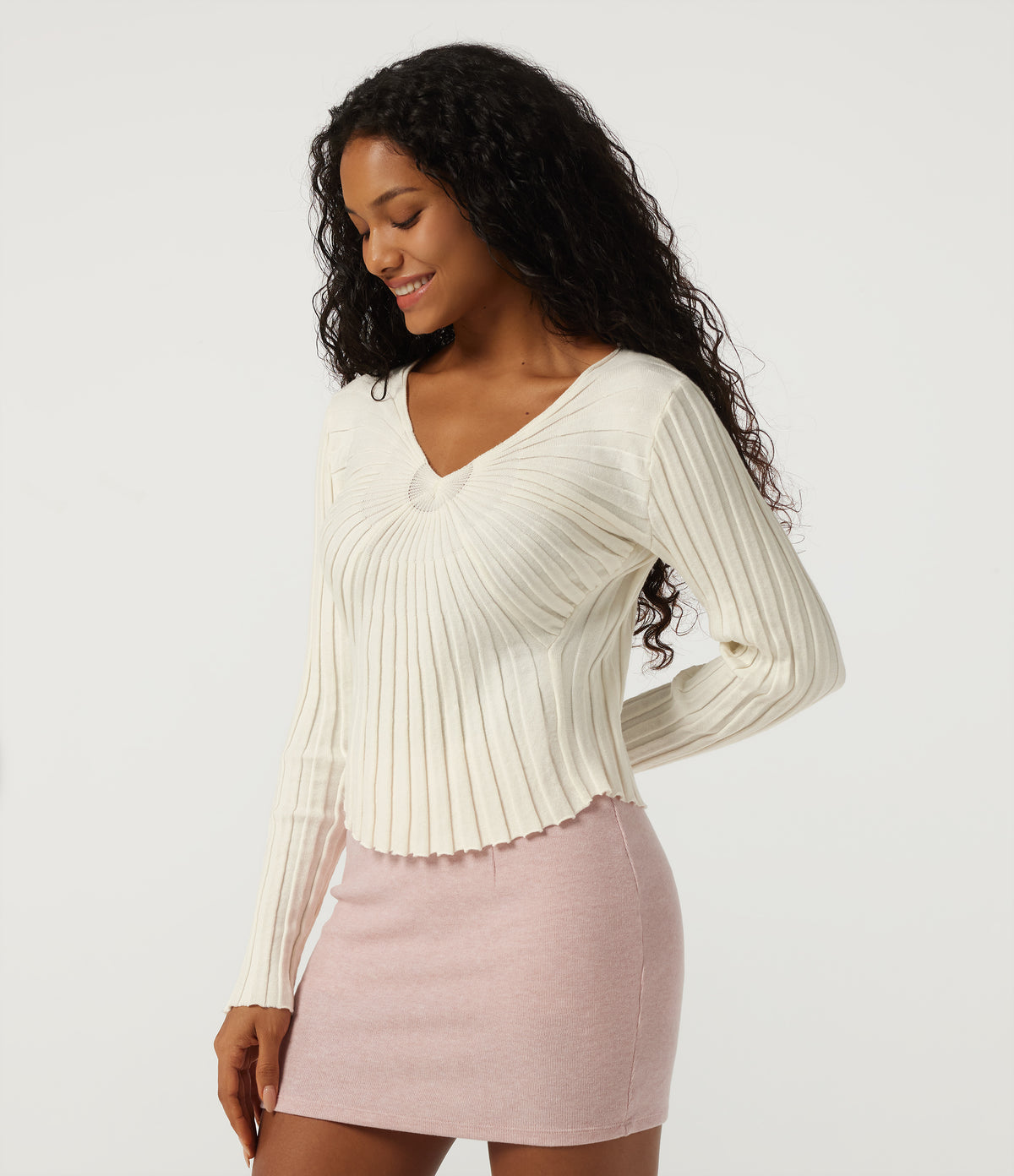 V Neck Long Sleeve Casual Jumper — White — view 3