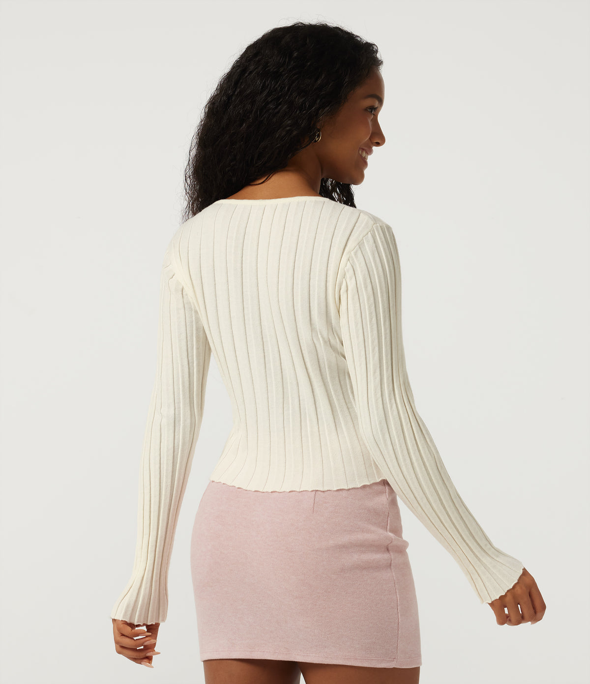 V Neck Long Sleeve Casual Jumper — White — view 2