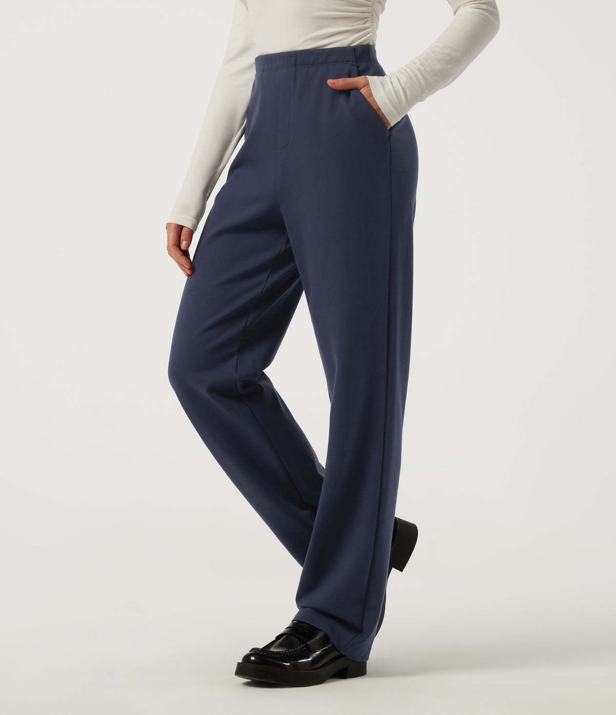 High Waisted Straight Leg Work Trousers with Pockets — Dress Blues — view 3