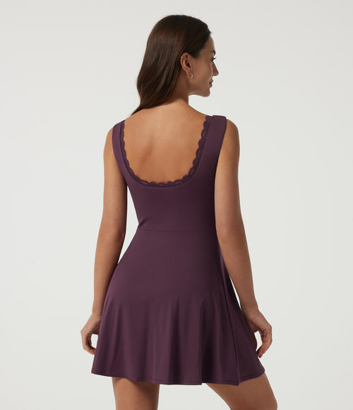 Airy Scoop Neck Sleeveless 2-in-1 A-Line Casual Mini Dress with Built-in Bra - Edition — Fig — view 2