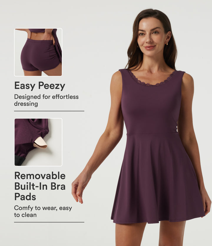 Airy Scoop Neck Sleeveless 2-in-1 A-Line Casual Mini Dress with Built-in Bra - Edition — Fig — view 1