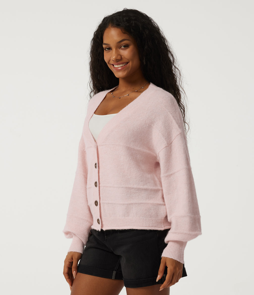 V Neck Long Sleeve Casual Cardigan — Mauve Chalk — view 3