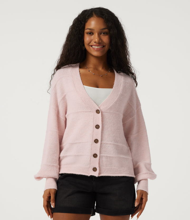 V Neck Long Sleeve Casual Cardigan — Mauve Chalk — view 1
