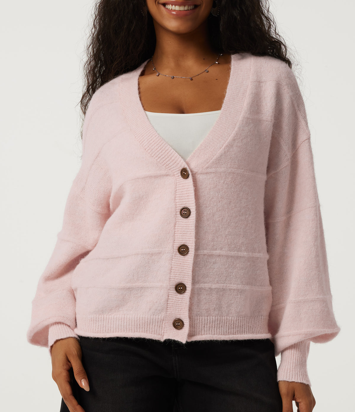 V Neck Long Sleeve Casual Cardigan — Mauve Chalk — view 5