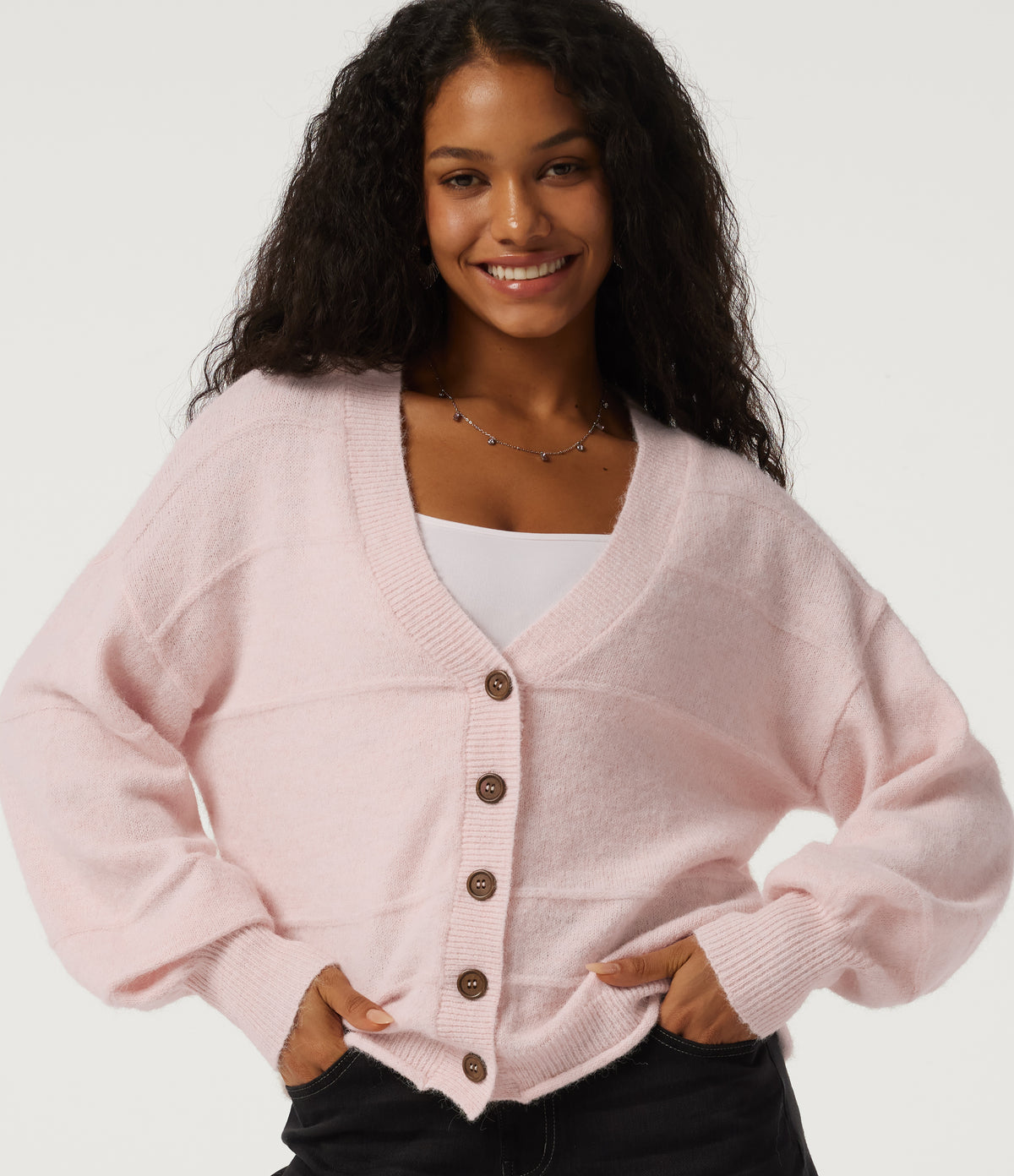 V Neck Long Sleeve Casual Cardigan — Mauve Chalk — view 4