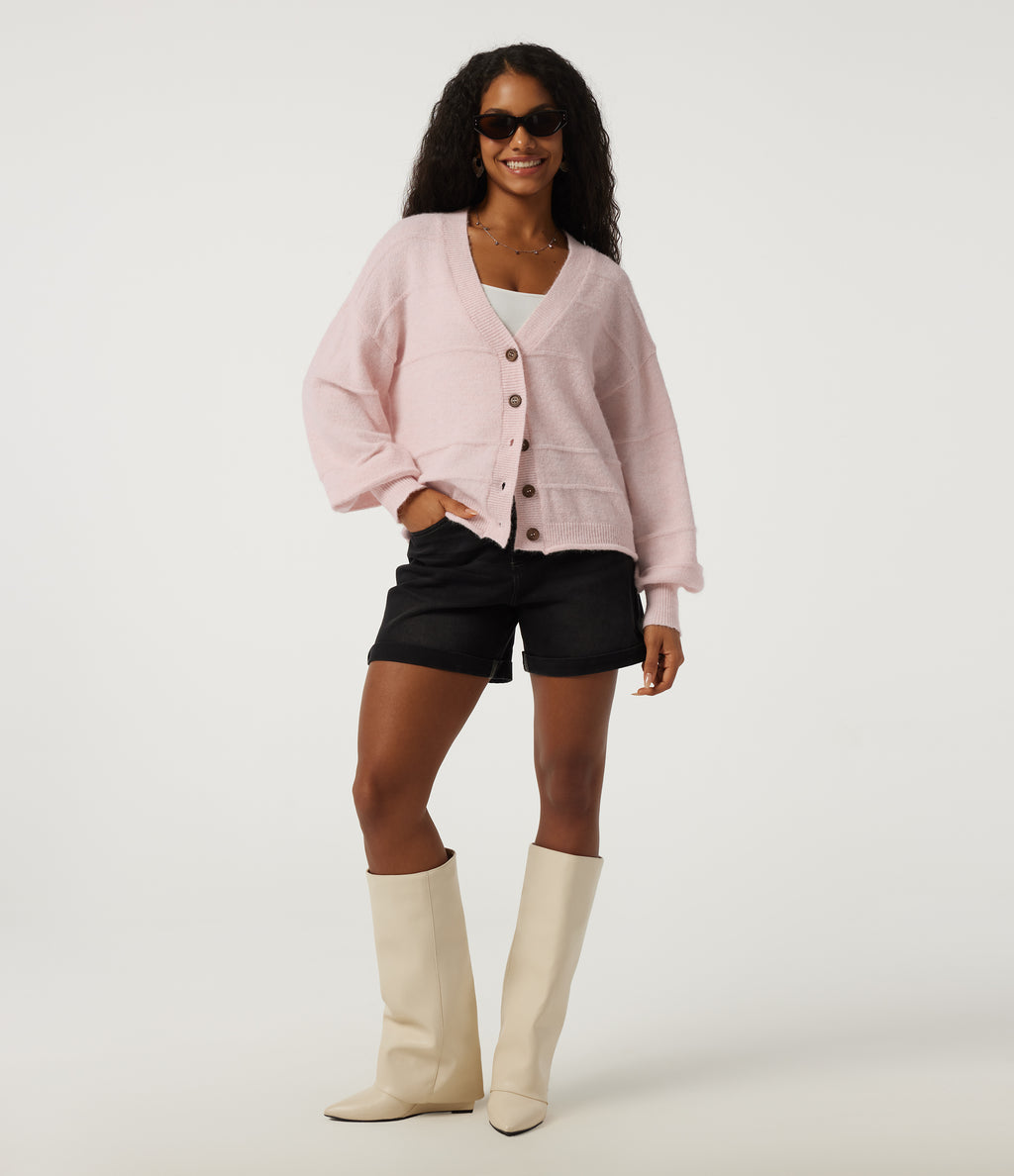 V Neck Long Sleeve Casual Cardigan — Mauve Chalk — view 6