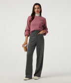 High Waisted Straight Leg Plaid Work Trousers with Pockets — Dark Gray Plaid — view 7