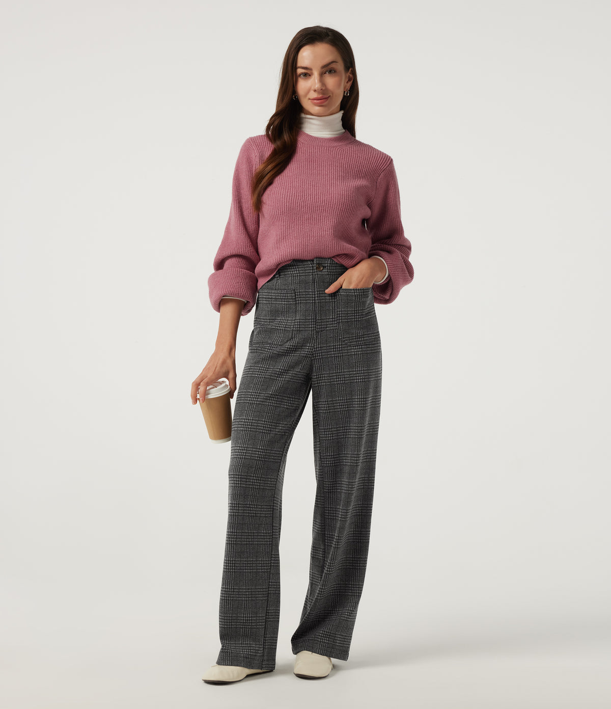 High Waisted Straight Leg Plaid Work Trousers with Pockets — Dark Gray Plaid — view 7
