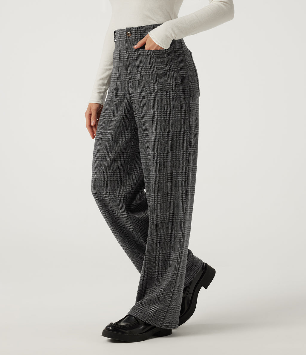 High Waisted Straight Leg Plaid Work Trousers with Pockets — Dark Gray Plaid — view 3