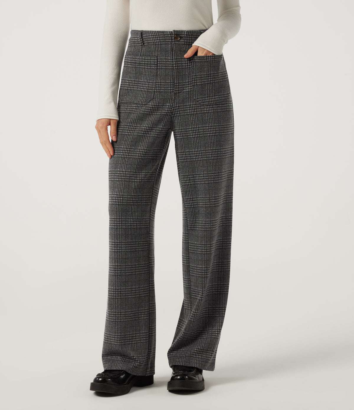 High Waisted Straight Leg Plaid Work Trousers with Pockets — Dark Gray Plaid — view 1