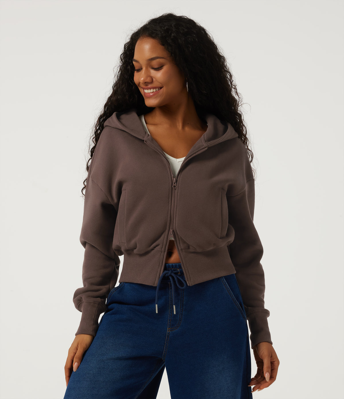 Hooded Batwing Long Sleeve Fleece Casual Jacket with Pockets — Chocolate Brown — view 1