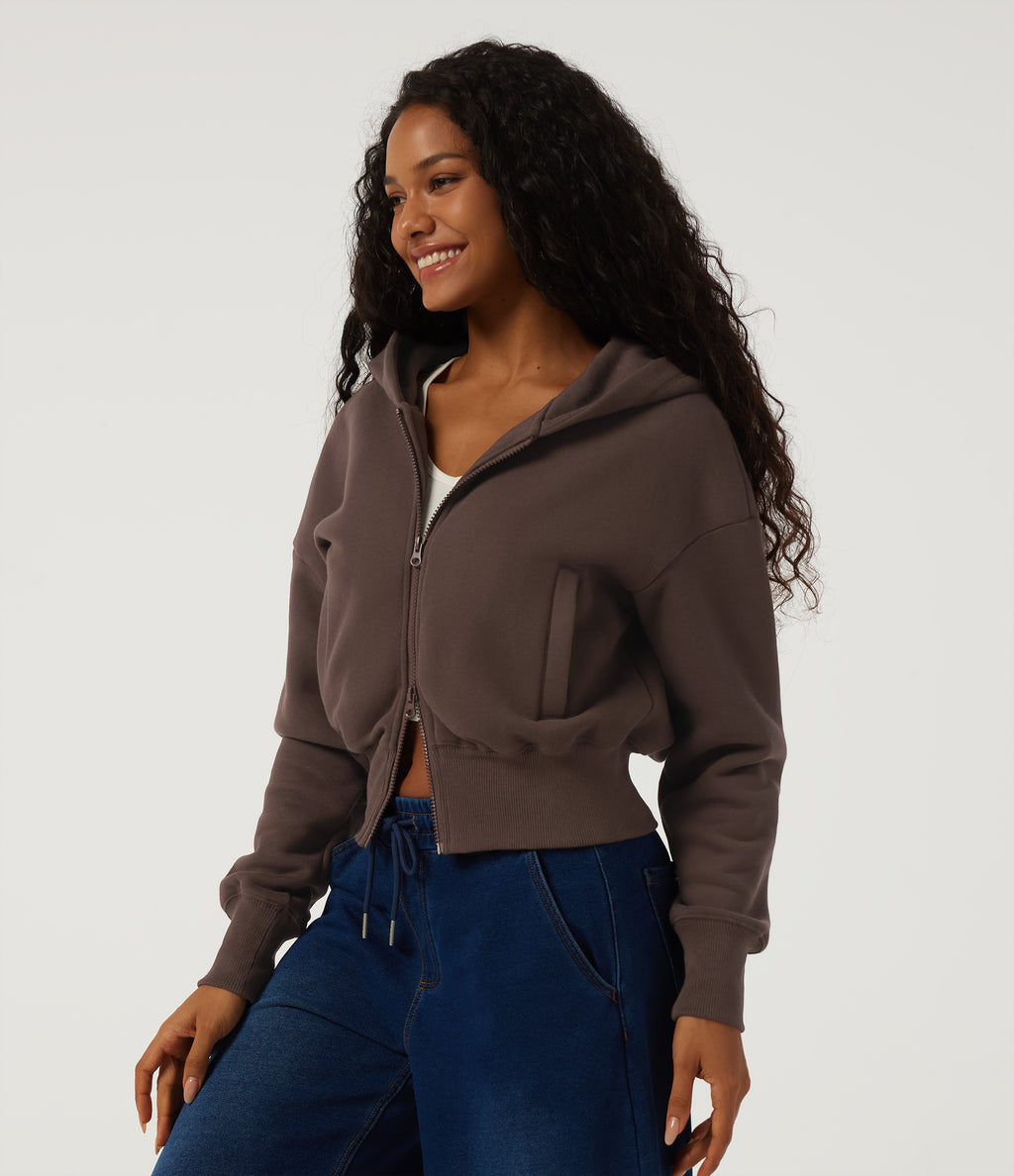 Hooded Batwing Long Sleeve Fleece Casual Jacket with Pockets — Chocolate Brown — view 3
