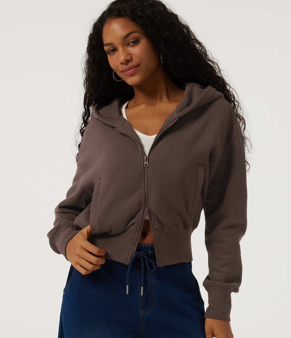 Hooded Batwing Long Sleeve Fleece Casual Jacket with Pockets — Chocolate Brown — view 4
