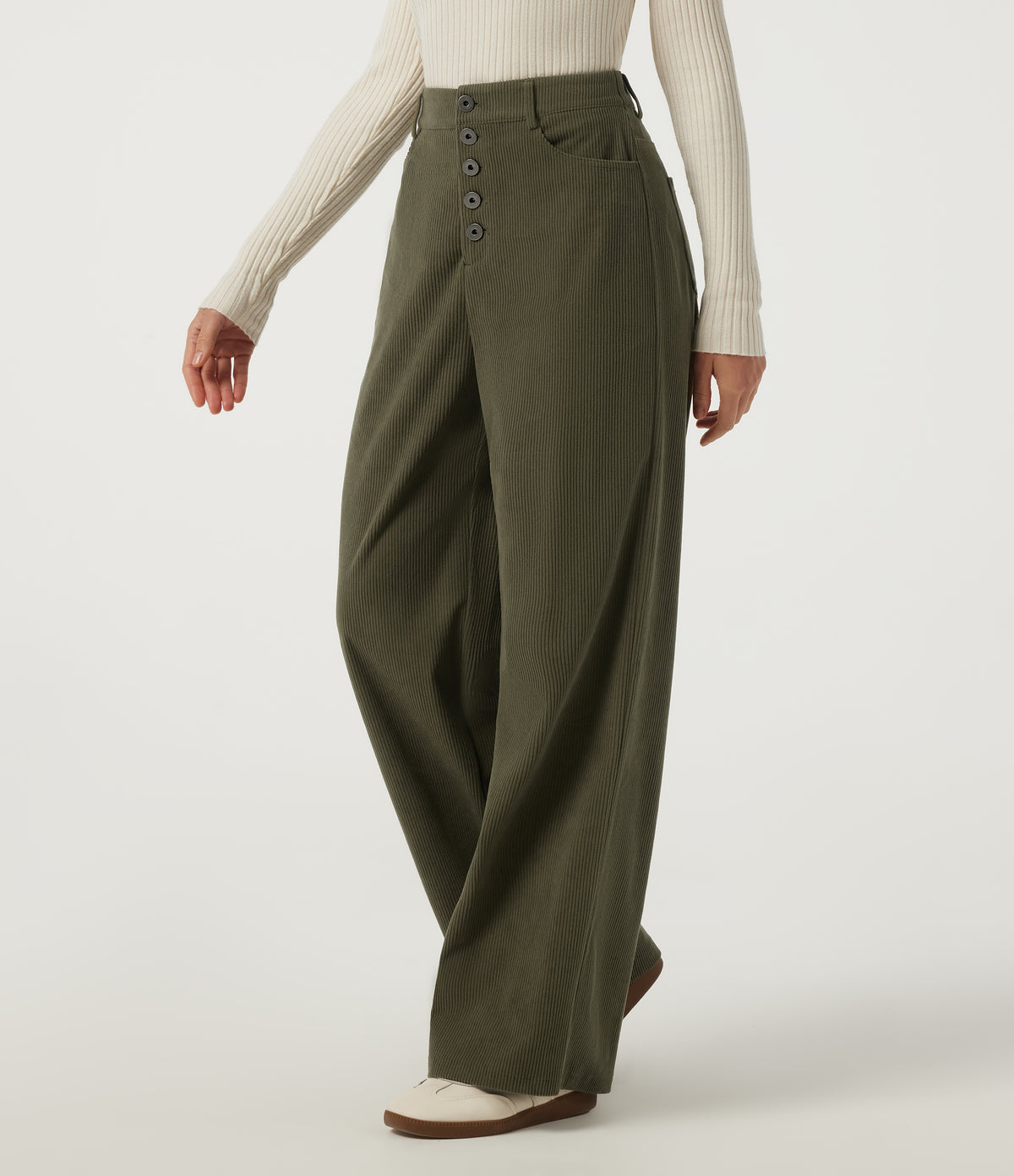 High Waisted Baggy Corduroy Work Trousers with Pockets — Lamb's Ear Green — view 2