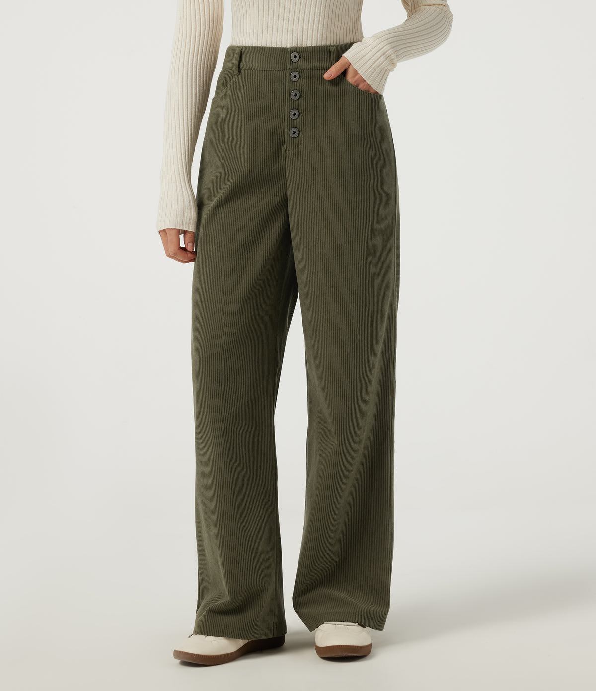 High Waisted Baggy Corduroy Work Trousers with Pockets — Lamb's Ear Green — view 1