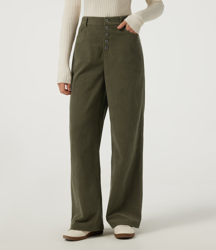 High Waisted Baggy Corduroy Work Trousers with Pockets — Lamb's Ear Green — view 1