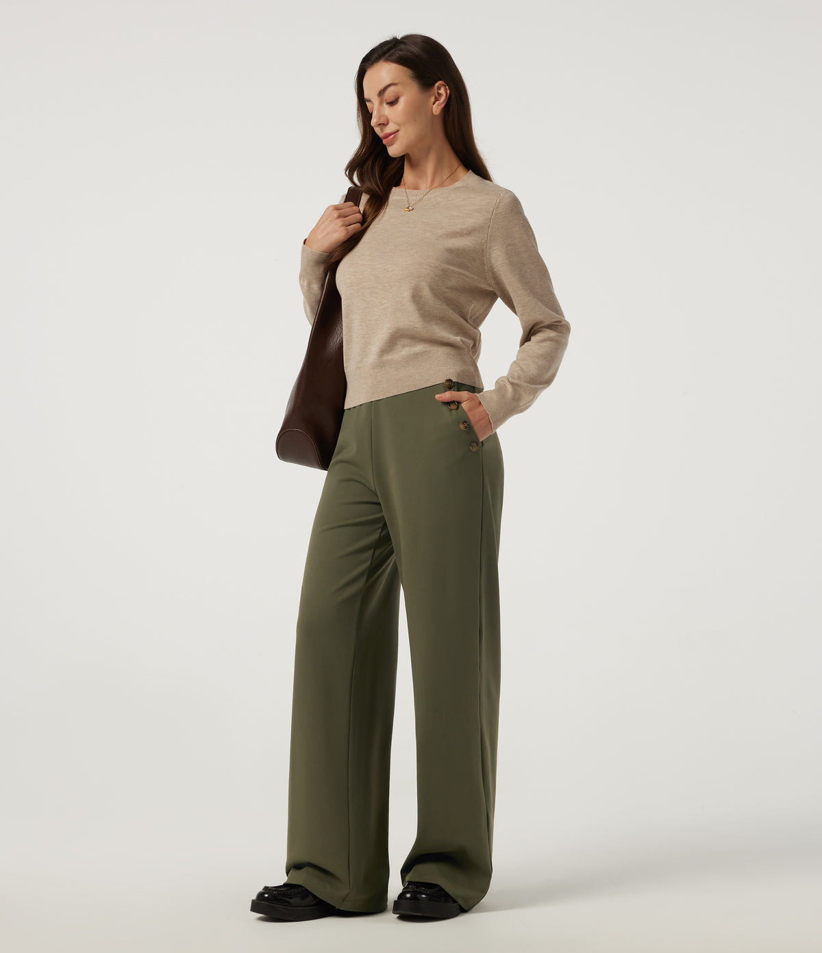 High Waisted Straight Leg Work Trousers with Pockets — Ivy Green — view 6