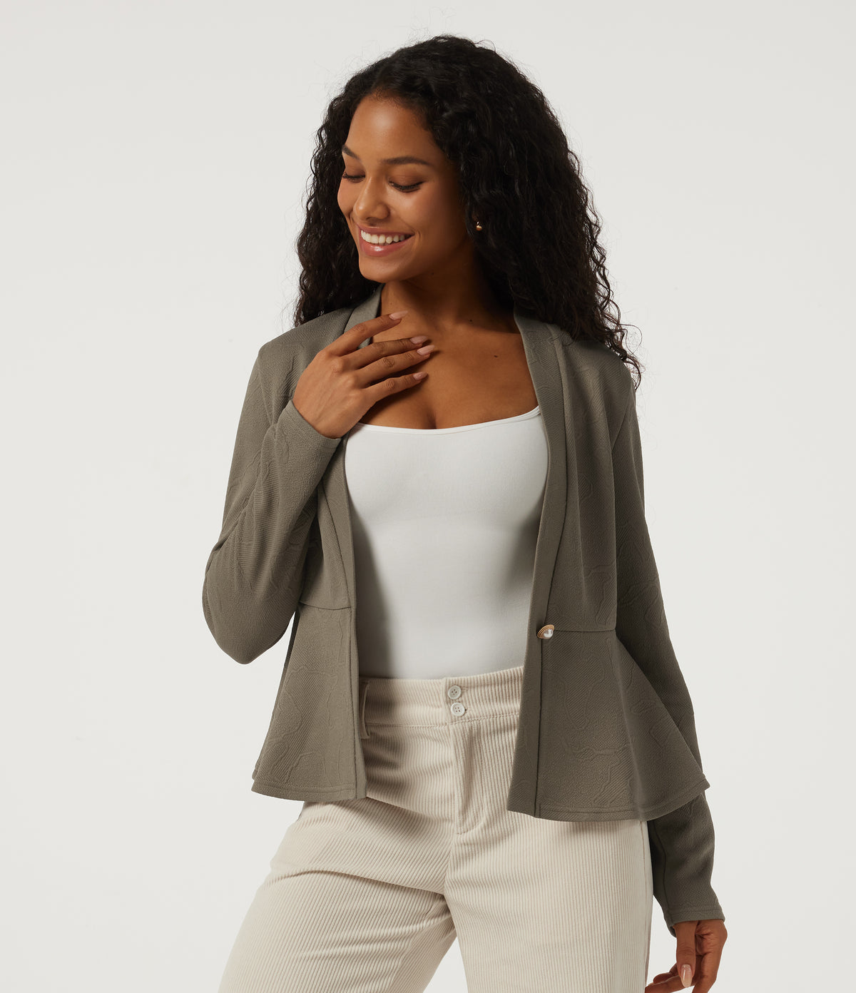 V Neck Long Sleeve Jacquard Work Blazer — Hay Brown — view 4