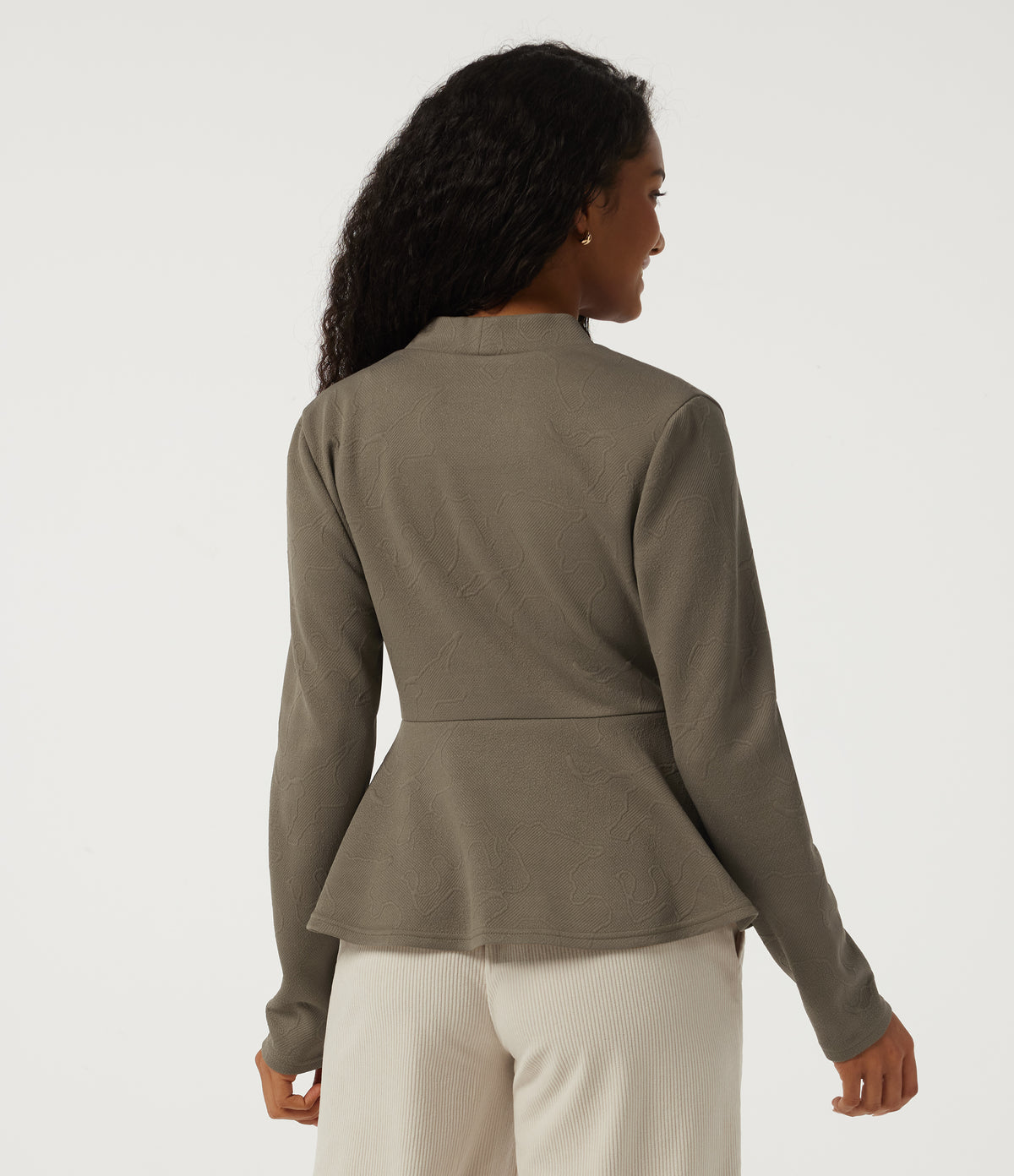 V Neck Long Sleeve Jacquard Work Blazer — Hay Brown — view 2