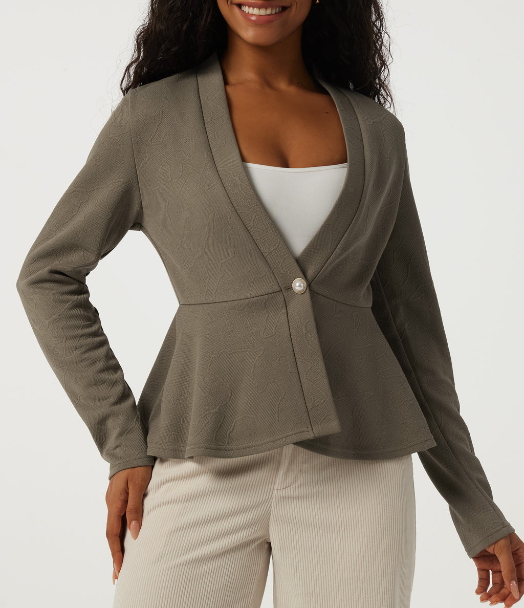V Neck Long Sleeve Jacquard Work Blazer — Hay Brown — view 6