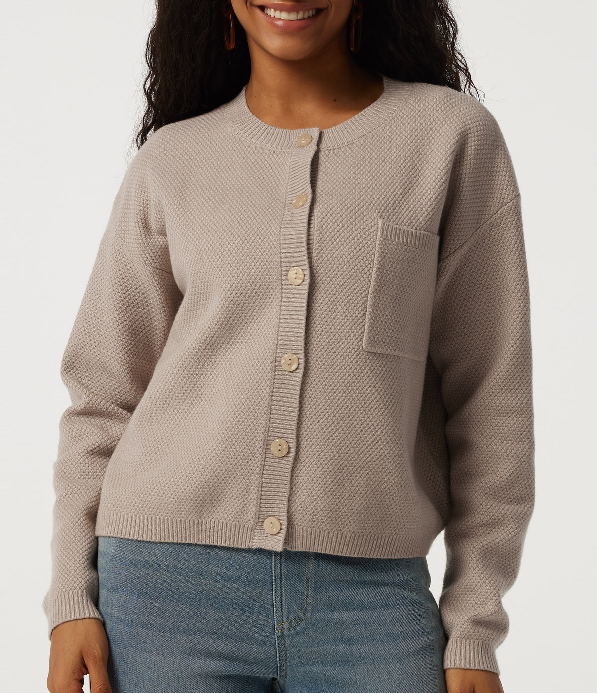 Round Neck Long Sleeve Casual Cardigan with Pocket — Doeskin — view 6