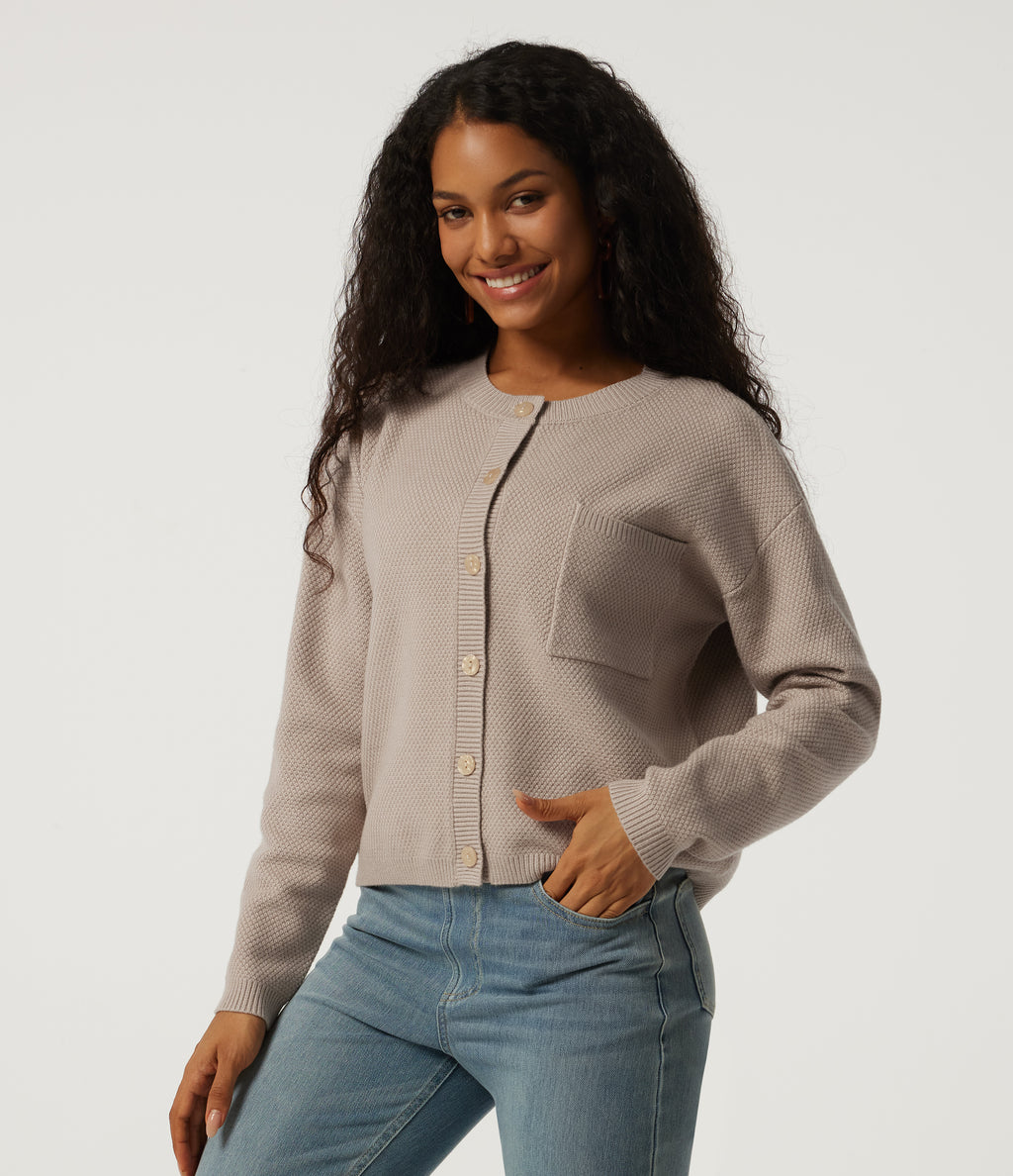 Round Neck Long Sleeve Casual Cardigan with Pocket — Doeskin — view 3