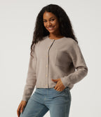 Round Neck Long Sleeve Casual Cardigan with Pocket — Doeskin — view 3