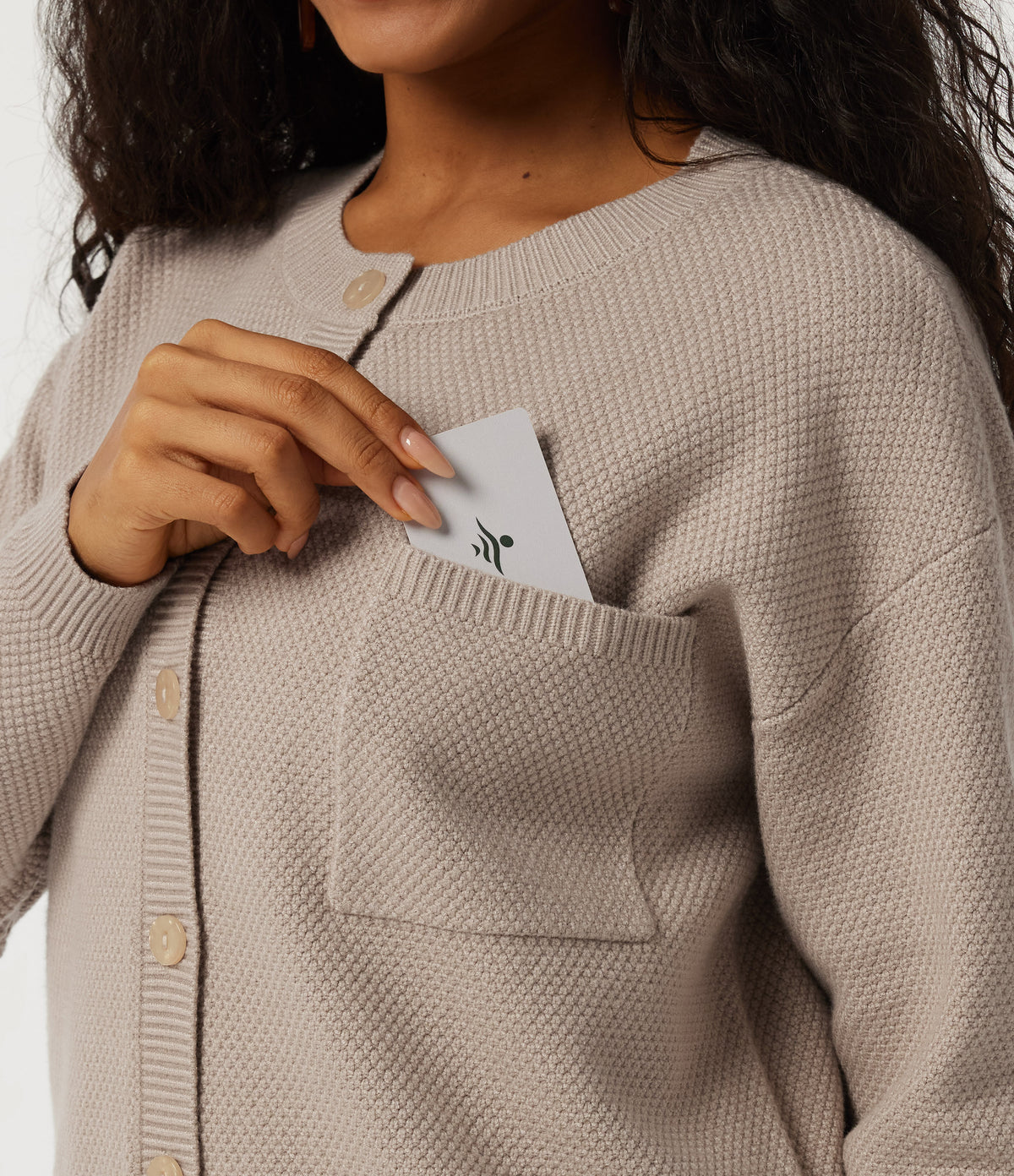 Round Neck Long Sleeve Casual Cardigan with Pocket — Doeskin — view 7
