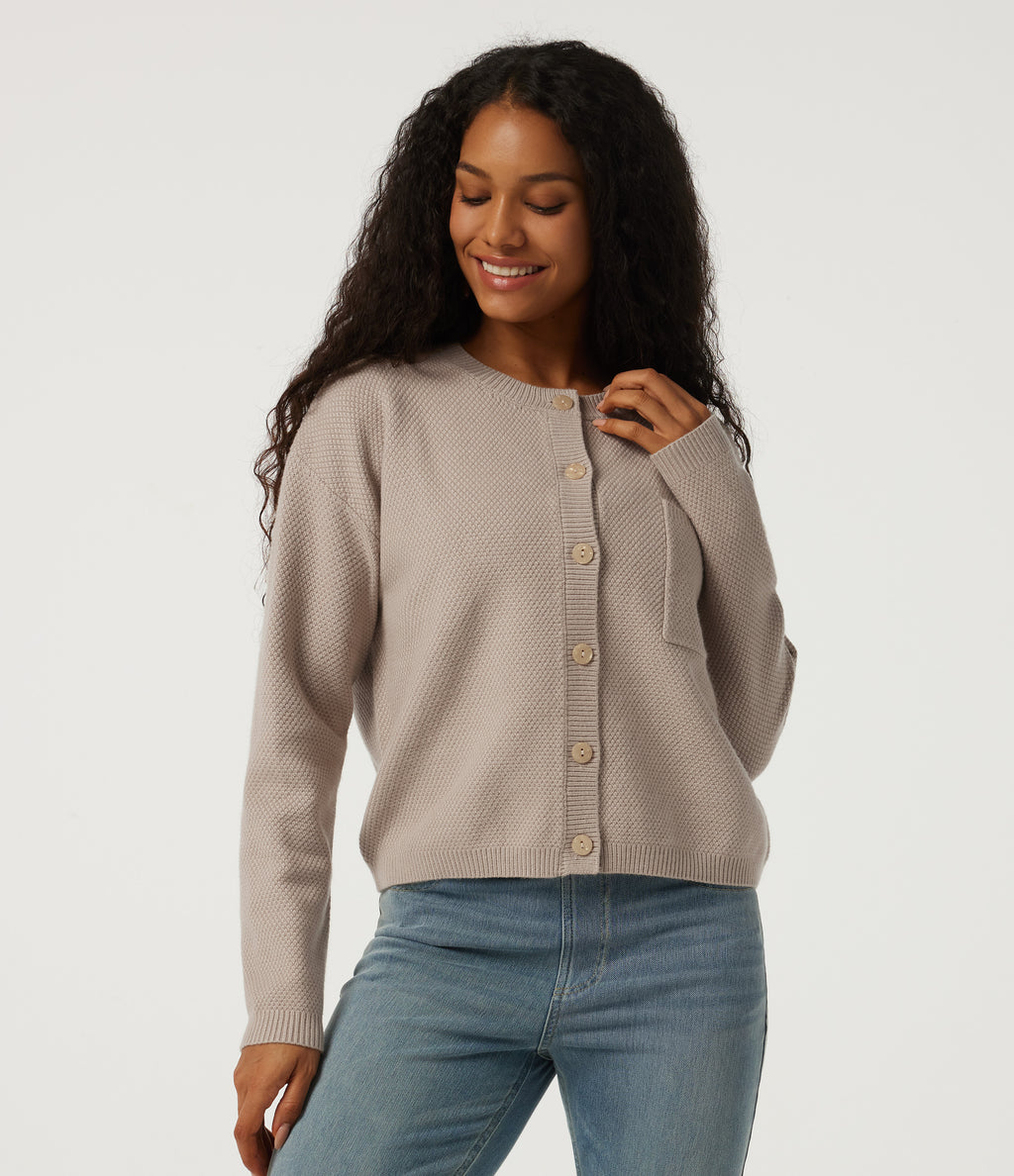 Round Neck Long Sleeve Casual Cardigan with Pocket — Doeskin — view 1