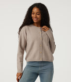 Round Neck Long Sleeve Casual Cardigan with Pocket — Doeskin — view 1