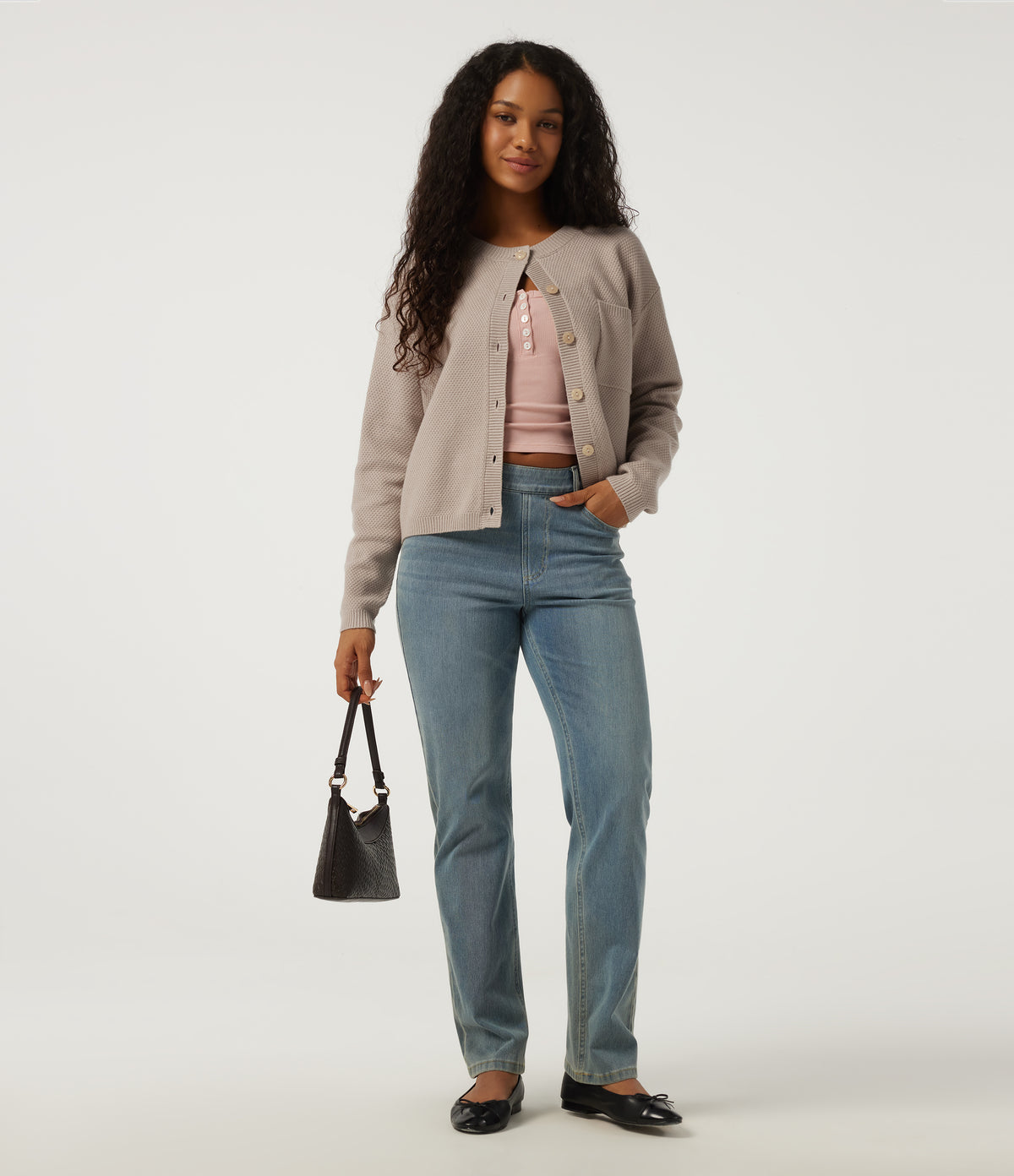 Round Neck Long Sleeve Casual Cardigan with Pocket — Doeskin — view 8