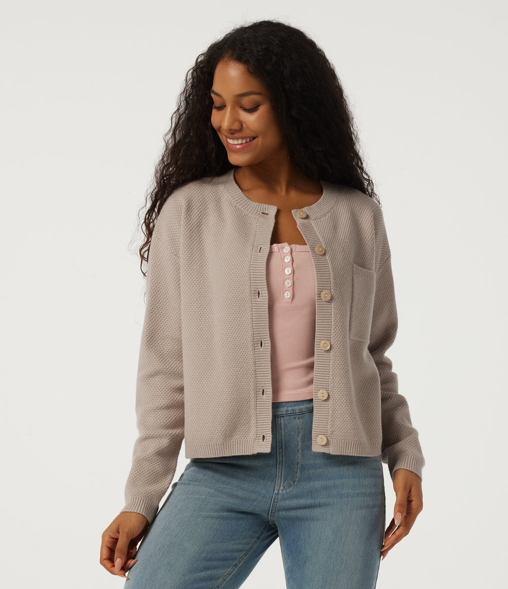 Round Neck Long Sleeve Casual Cardigan with Pocket — Doeskin — view 5