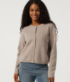 Round Neck Long Sleeve Casual Cardigan with Pocket — Doeskin — view 4