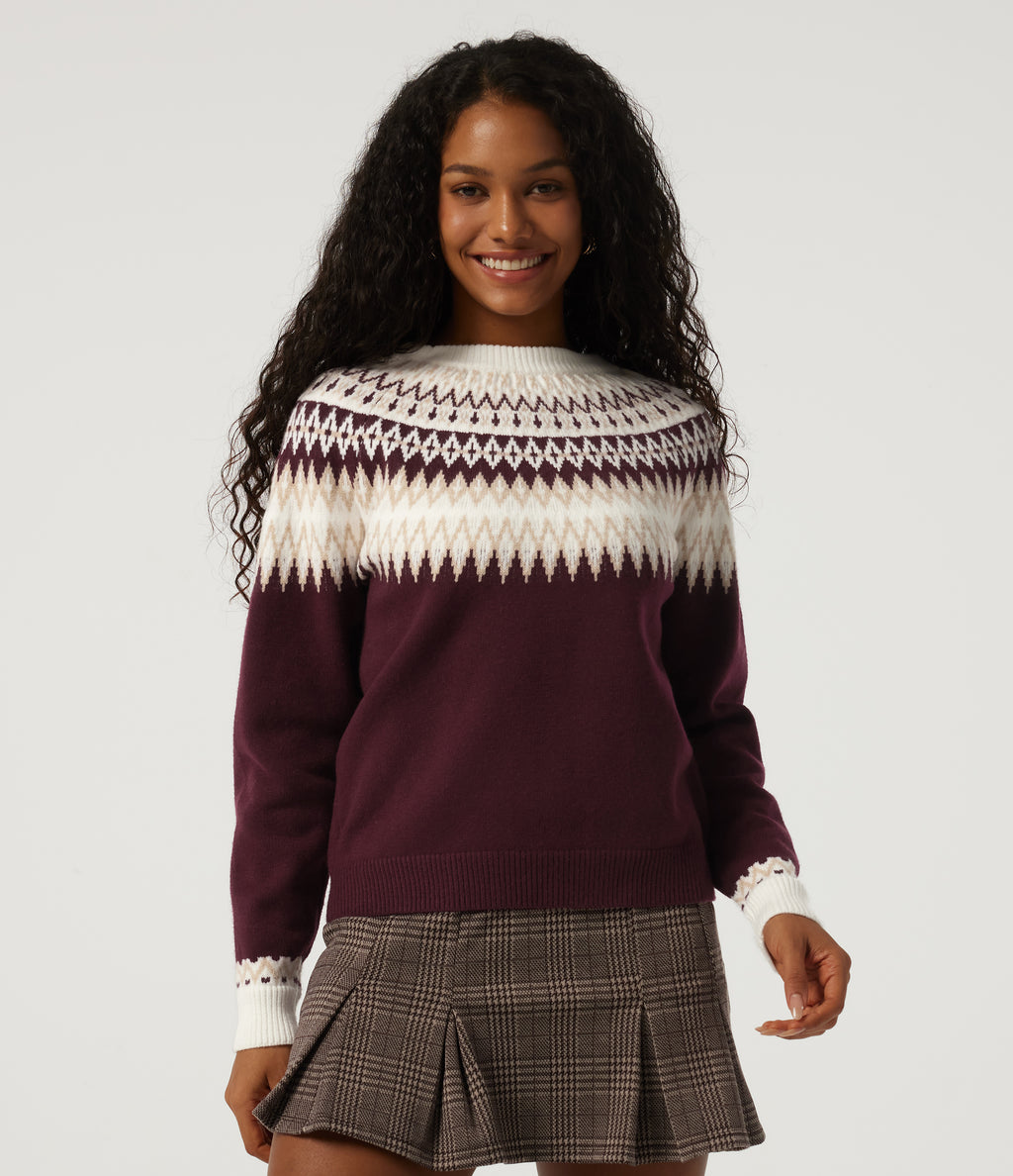 Round Neck Long Sleeve Patterned Casual Jumper — Wine Red — view 1