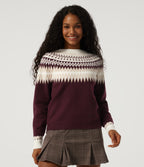 Round Neck Long Sleeve Patterned Casual Jumper — Wine Red — view 1