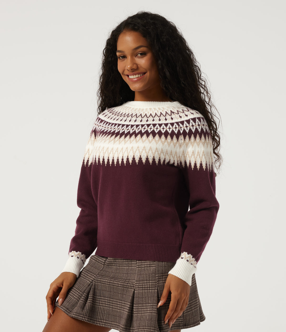 Round Neck Long Sleeve Patterned Casual Jumper — Wine Red — view 3