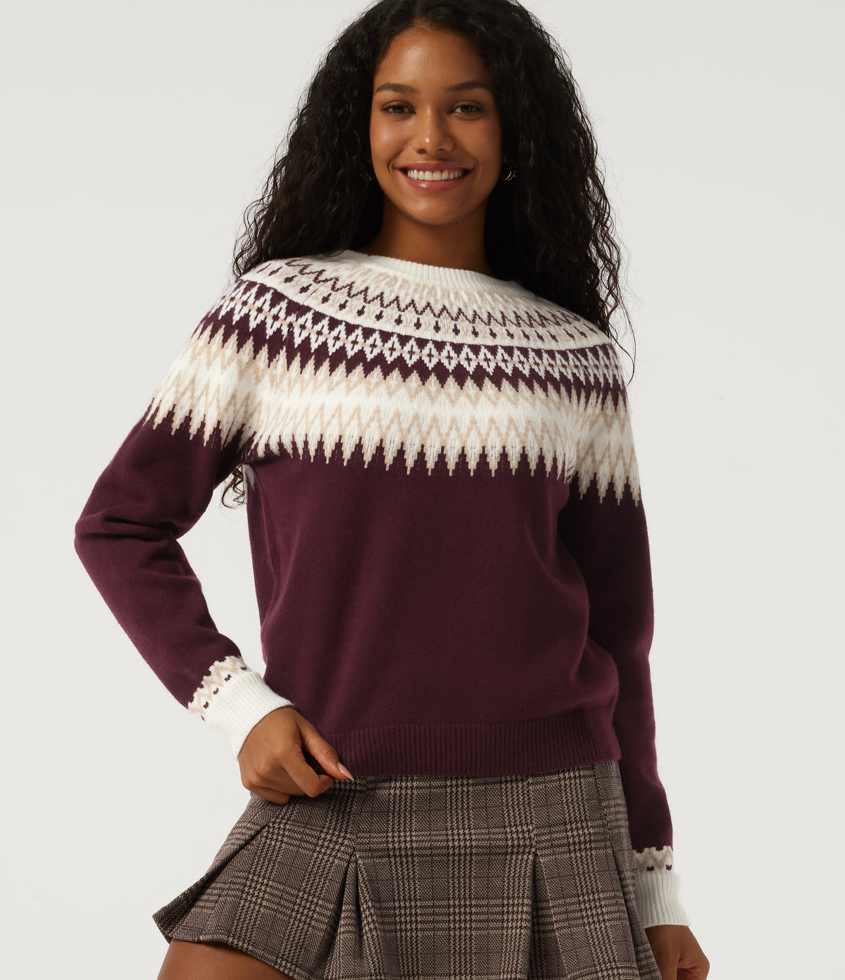 Round Neck Long Sleeve Patterned Casual Jumper — Wine Red — view 4