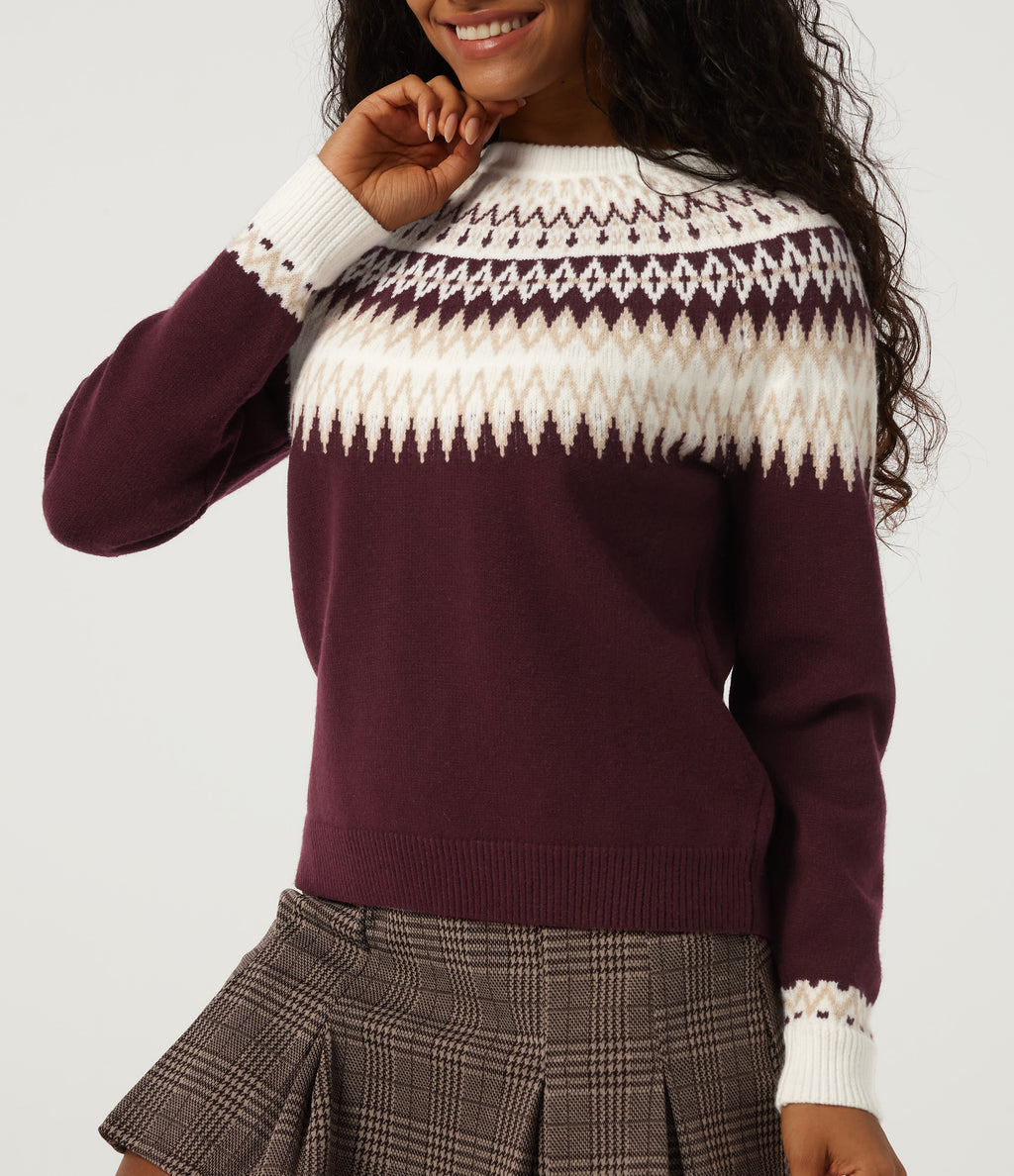 Round Neck Long Sleeve Patterned Casual Jumper — Wine Red — view 5
