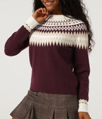 Round Neck Long Sleeve Patterned Casual Jumper — Wine Red — view 5