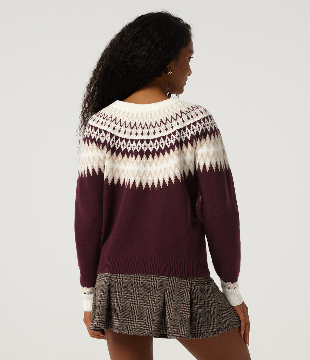 Round Neck Long Sleeve Patterned Casual Jumper — Wine Red — view 2