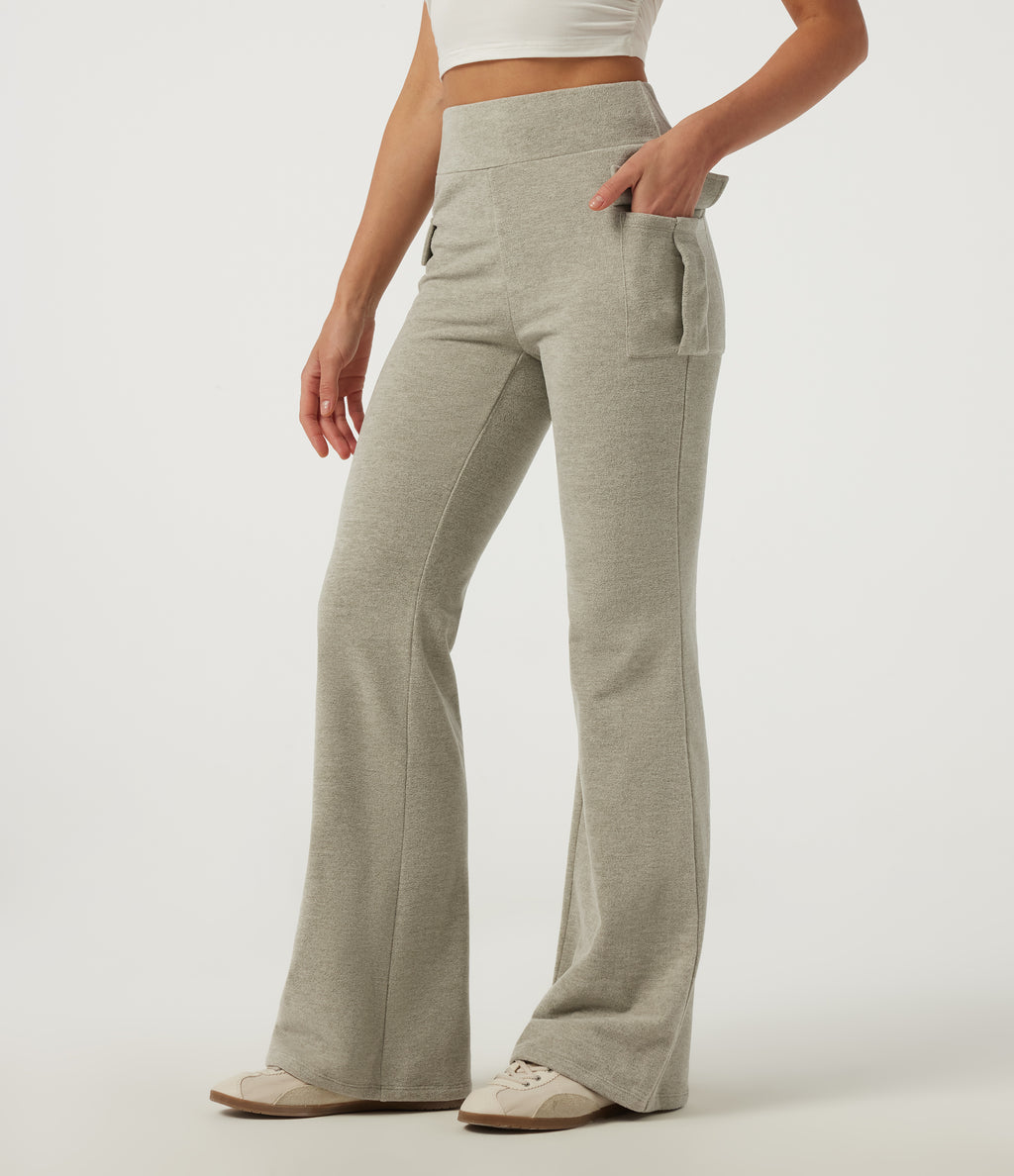 High Waisted Flare Casual Trousers with Pockets — Sage Brush — view 3