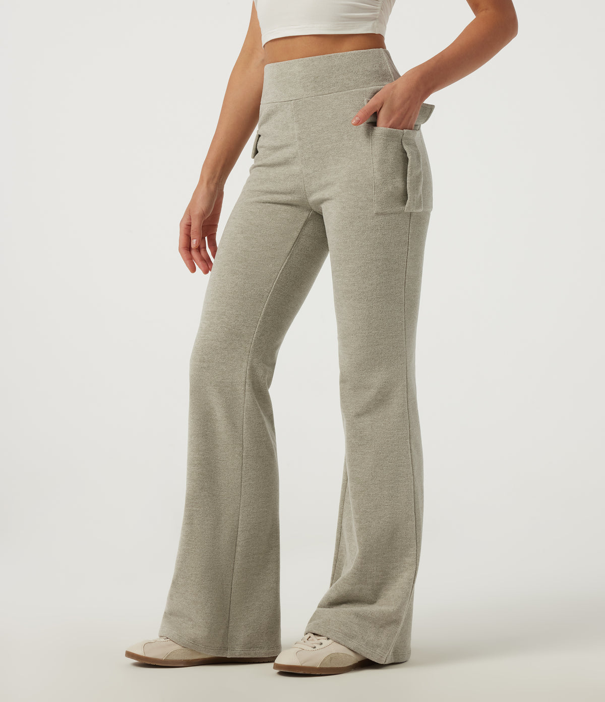High Waisted Flare Casual Trousers with Pockets — Sage Brush — view 3