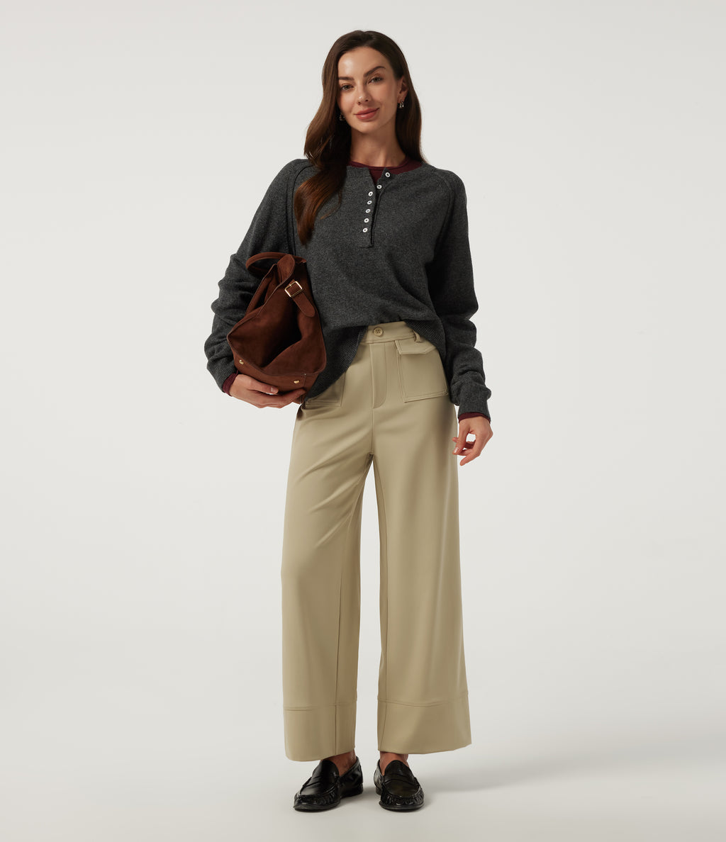 Mid Rise Wide Leg Work Trousers with Pockets — Fields of Rye — view 8