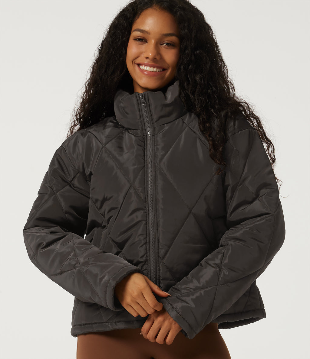 Stand Collar Long Sleeve Plaid Casual Padded Jacket with Pockets — Coffee Bean — view 4