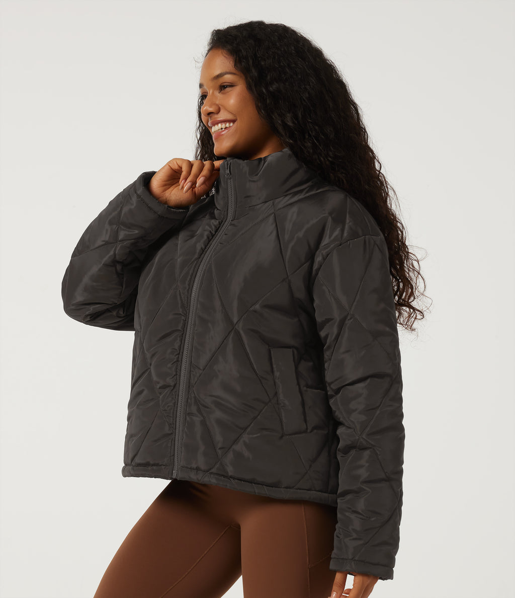 Stand Collar Long Sleeve Plaid Casual Padded Jacket with Pockets — Coffee Bean — view 3