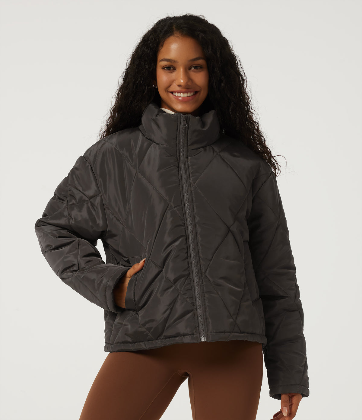 Stand Collar Long Sleeve Plaid Casual Padded Jacket with Pockets — Coffee Bean — view 1