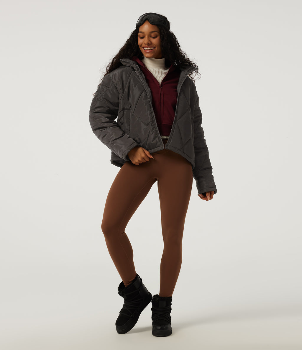 Stand Collar Long Sleeve Plaid Casual Padded Jacket with Pockets — Coffee Bean — view 7