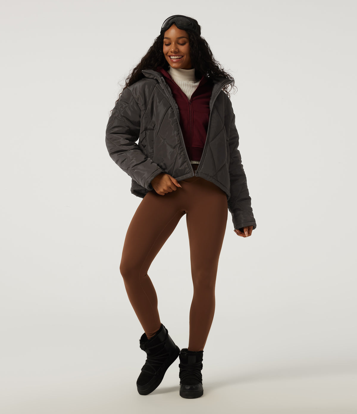 Stand Collar Long Sleeve Plaid Casual Padded Jacket with Pockets — Coffee Bean — view 7